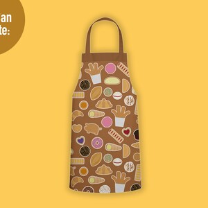 May include: A brown apron featuring a repeating pattern of various baked goods and pastries, including churros, cookies, and donuts. The apron has brown neck and waist straps and includes the text You Can Create in the upper left corner.