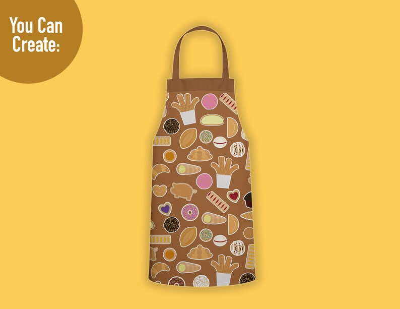 May include: A brown apron featuring a repeating pattern of various baked goods and pastries, including churros, cookies, and donuts. The apron has brown neck and waist straps and includes the text You Can Create in the upper left corner.