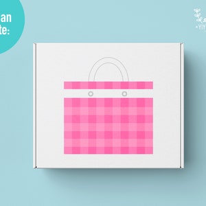 May include: A white box with a pink and white gingham tote bag design on the front. The tote bag has a white handle and two white circles on the front.