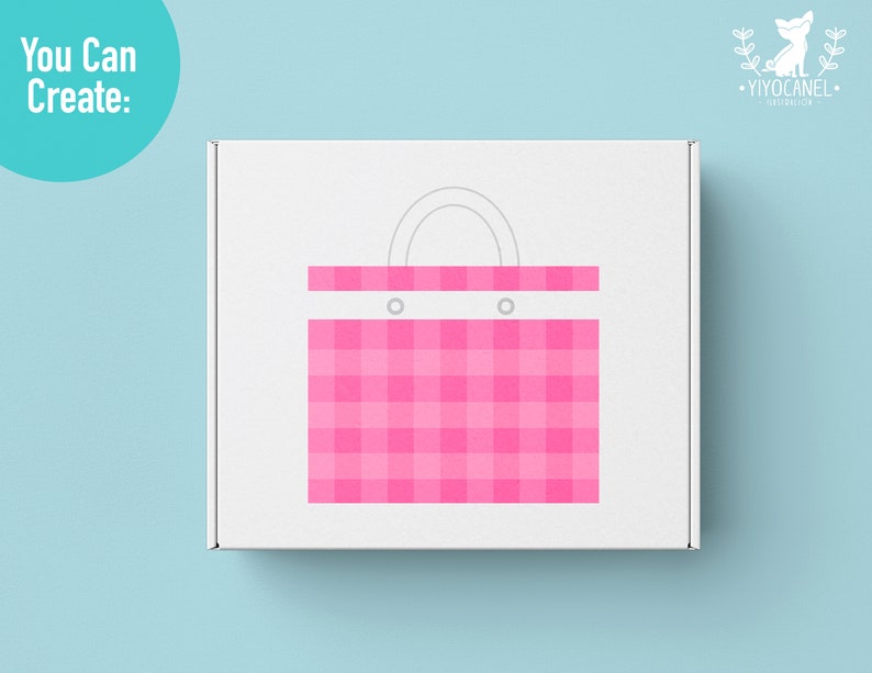 May include: A white box with a pink and white gingham tote bag design on the front. The tote bag has a white handle and two white circles on the front.