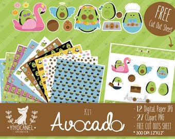 May include: A digital paper and clipart kit featuring cute avocado illustrations. The kit includes 12 digital papers, 27 clipart images, and a free cut-out sheet. The illustrations feature avocados wearing different costumes, such as a chef hat, angel wings, and a hula skirt. The digital papers feature various avocado patterns in green, brown, and black.