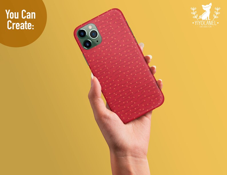 May include: A red smartphone case featuring a pattern of small yellow dots and subtle wavy lines. The case has a cutout for a triple-lens camera system. The text "You Can Create:" appears in the top left, and a logo with the text "YIYOCANEL" is in the top right.