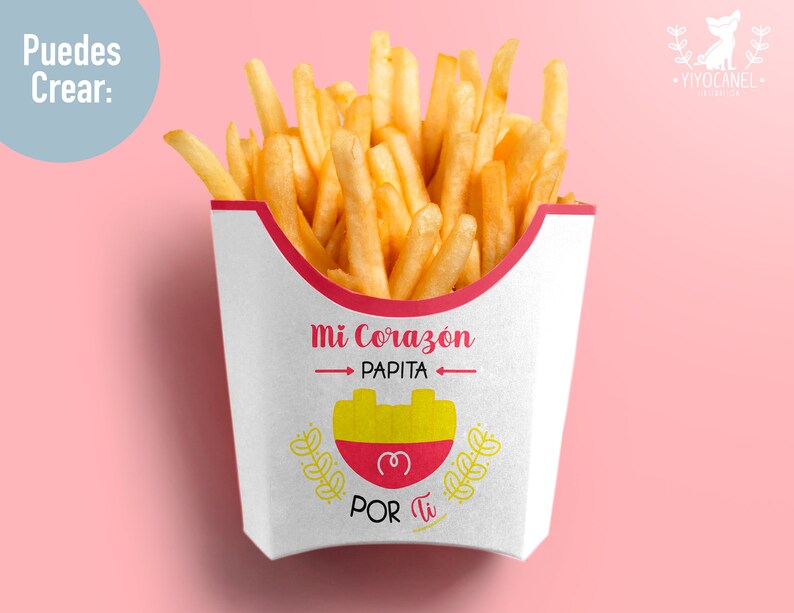May include: A white paper container filled with golden french fries. The container has a red rim and a Spanish-language design that says "Mi Corazon Papita" with a heart and a small illustration of a potato. The text "Por Ti" is also printed on the container.