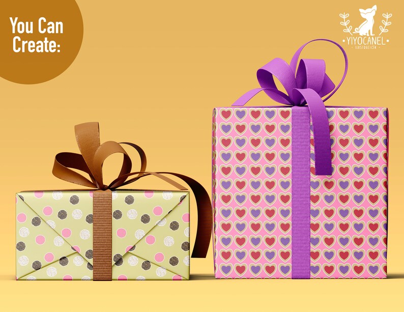 May include: Two rectangular gift boxes. The smaller box is light green with pink and dark brown polka dots and a brown ribbon. The larger box is pink with a repeating pattern of red and purple hearts and a purple ribbon. Text reads You Can Create.