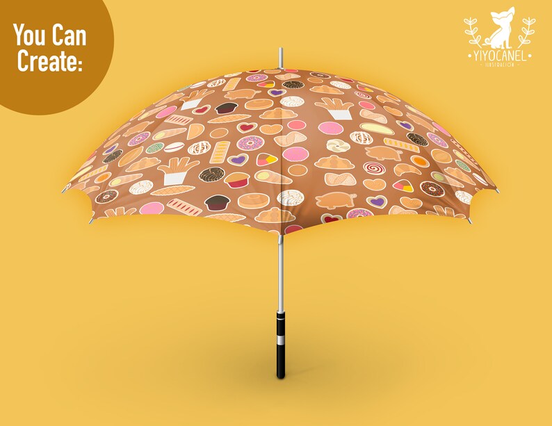 May include: A brown umbrella featuring a repeating pattern of various colorful cookies, pastries, and donuts. The text 'You Can Create:' appears in the top left corner, and a logo with the text 'YIYOCANEL' is visible in the top right corner.