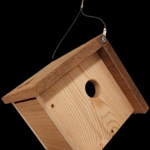 Puede incluir: Una casa para pájaros de madera natural, con un orificio de entrada circular y un tejado inclinado. La casa para pájaros está suspendida por un alambre, diseñada para uso en exteriores. La veta de la madera es visible, añadiendo encanto rústico.
