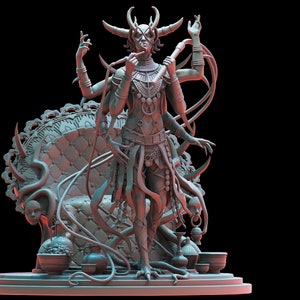 May include: A gray, detailed, 3D printed figurine of a multi-armed deity with horns, sitting on a throne with intricate carvings and surrounded by various objects.