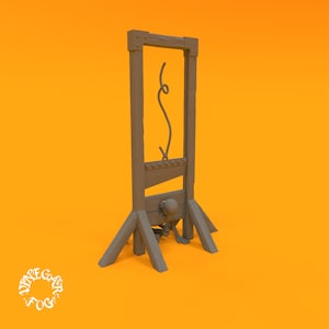 Puede incluir: Una guillotina de madera con una cuerda y una pequeña figura atrapada debajo.