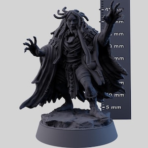 May include: A gray figurine of a creature with long dreadlocks, a gaping mouth with a long tongue, and clawed hands. The figure is wearing a cloak and stands on a rocky base. A ruler with millimeter measurements is in the background.