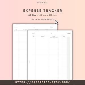 Peut inclure: Un modèle de suivi des dépenses blanc au format A5 mesurant 148 mm x 210 mm. Le document comporte des colonnes pour la date, la description, la catégorie et le montant. Le texte indique PAPERCICC, EXPENSE TRACKER, A5 Size - 148 mm x 210 mm, INSTANT DOWNLOAD.