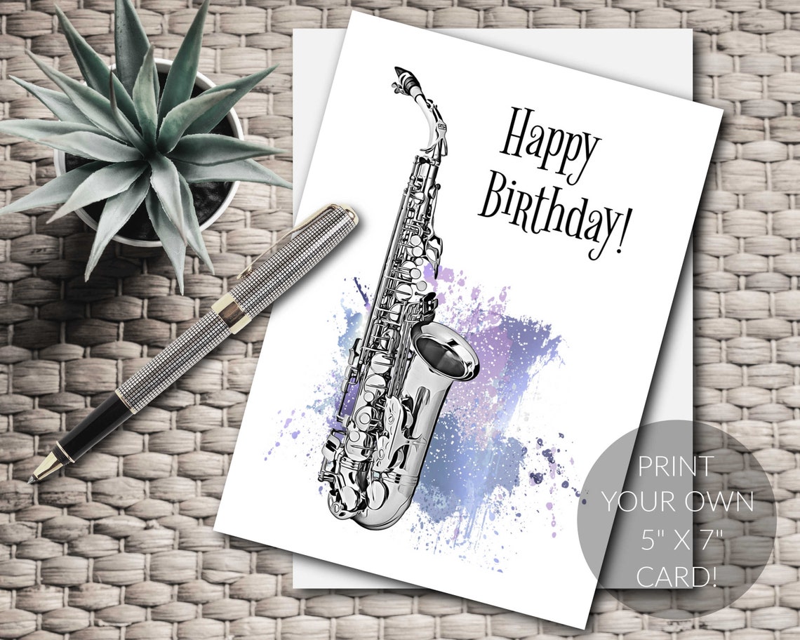 Saxophone Printable Birthday Card for Musician Brass Horn Sax Etsy