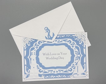 Karta ślubna w stylu marynistycznym: Kwiaty, Elegancka, ręcznie robiona karta ślubna, Z miłością w dniu ślubu, Ślub w stylu marynistycznym, Latarnia morska, Żaglówka