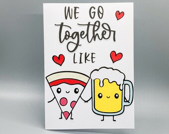 Zabawna kartka na rocznicę z pizzą i piwem, słodka kartka miłosna