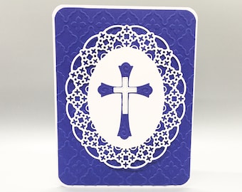 Karta z wytłoczonym krzyżem: ręcznie robiona karta chrztu, karta konfirmacyjna, karta dla rodzica chrzestnego, karta religijna, karta z krzyżem