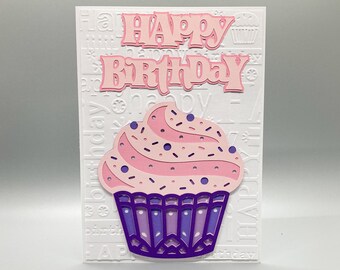 Ręcznie robiona, tłoczona kartka urodzinowa z babeczką: wielowarstwowy karton, słodka kartka urodzinowa