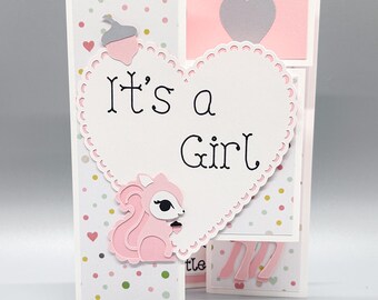 Karta „To dziewczynka”, słodka karta dla dziecka, karta na baby shower, karta narodzin dziecka, karta z gratulacjami narodzin dziecka, karta powitalna dla nowego dziecka, karta dla dziecka z leśnym zwierzęciem