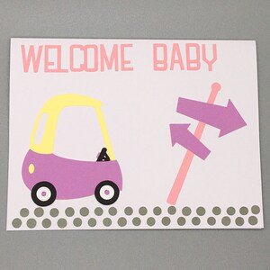 Tarjeta de bebé del coche, tarjeta de bebé de bienvenida, nueva tarjeta de bebé, tarjeta de nuevos padres, tarjeta de nuevos abuelos, tarjeta de baby shower, tarjeta de bebé rosa, tarjeta de bebé púrpura
