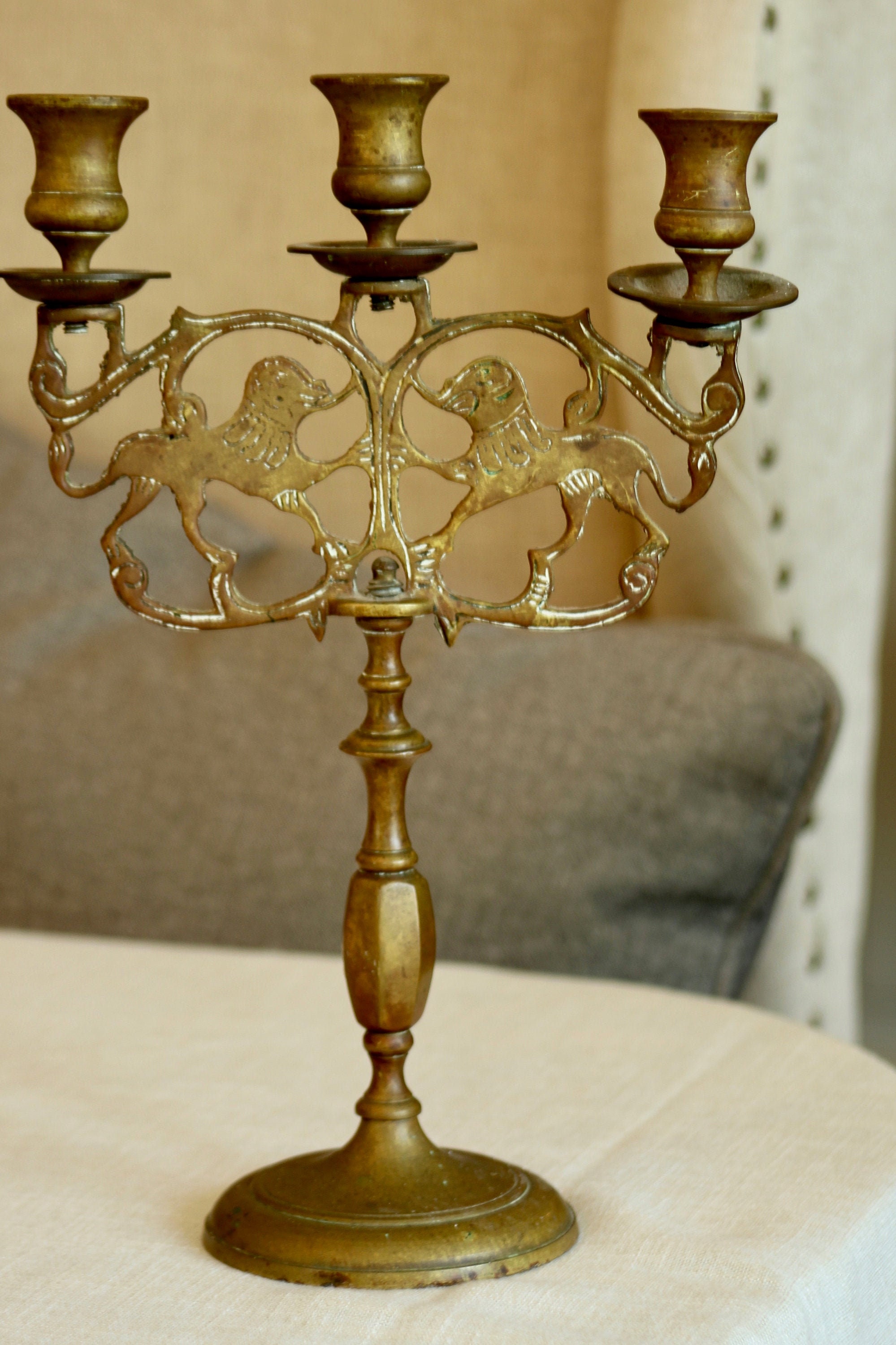 Antique Solid Brass Candelabra 3 Arm Candle Holder Etsy
