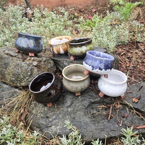 Può includere: Una collezione di piccoli vasi in ceramica fatti a mano in vari colori, tra cui blu, bianco e marrone. Ogni vaso poggia su tre piccoli piedini marroni. I vasi sono disposti su una grande roccia grigia, circondata dal verde.