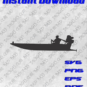 May include: Silhouette of a boat with a person in it, against a background of a repeating pattern of the text "Bad Bass Designs.com". The text "SVG, PNG, EPS, PDF" is also visible in blue.