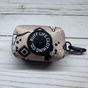Western Print Poop Bag Holder, Walk Wear, Ruff Life Clothing Co., Tan, Cowboy, Cactus, Bull Skull