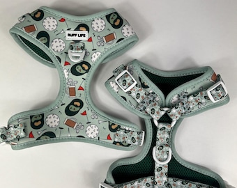 Arnés para perros con estampado de golf Paws on the Green, Ruff Life, ropa para pasear, arnés para mascotas, verde, pelota de golf, bolsa de golf, palo de golf