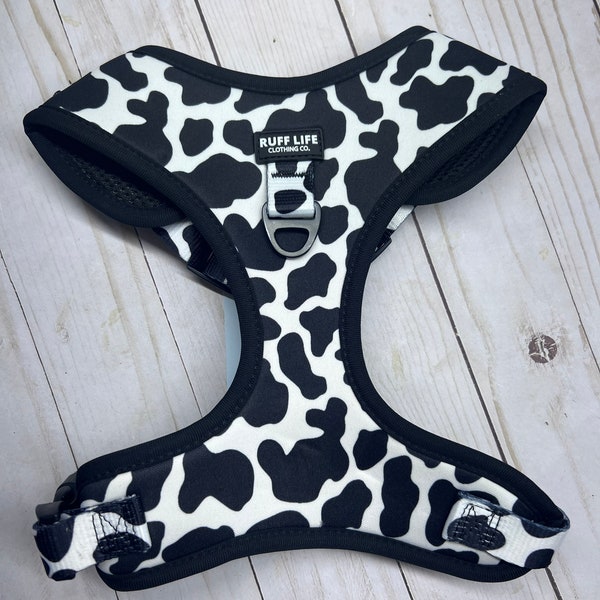 Cow Print Dog Harness, Ruff Life Clothing Co, Walk Wear, Pet Harness, Black, White