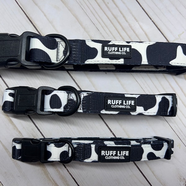 Cow Print Dog Collar, Ruff Life Clothing Co, Walk Wear, Pet Collar, Black, White