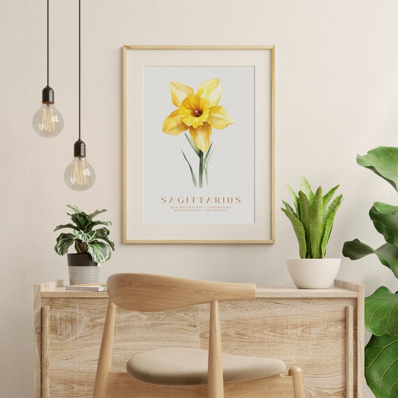 Zodiac Flower Watercolor Wall Art, Narcissus Painting, Sagittarius