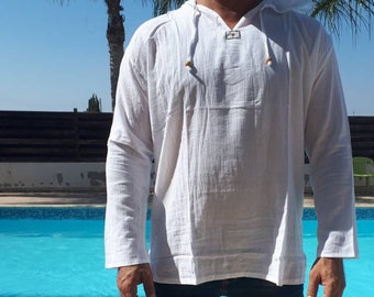 Comfy and breathable men summer shirt 100% cotton. White cotton men kurta shirt. Long sleeve tunic shirt. Beach wear for men. Summer men top
