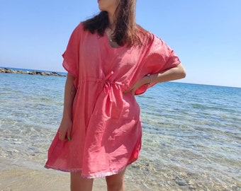 Haut de bikini rose. Robe tunique de plage. Robe caftan en soie grande taille. Robe d'été grande taille. Robe caftan en soie taille unique. Couvrir la plage