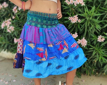 Colorful sari silk girls skirt/dress. One size patched silk skirt for girl. Elastic waist silk skirt/dress. Silk patchwork skirt. Silk dress