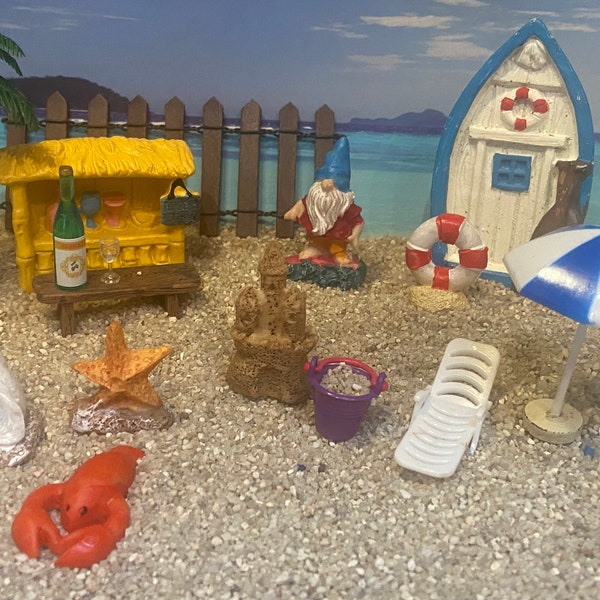 Fairy Garden Beach Scene DIY Kit 15 Pieces-lobster-boat-pail-tiki bar-sand castle-beach umbrella-wine bottle and glass-palm tree- plus more!
