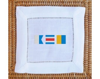 Set of 4 Nantucket Flags Linen Cocktail Napkins | Nautical Flag Embroidered Napkins | Available in 2 Napkin Colors