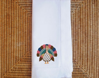 Set Of 4 Chic Turkey Dinner Napkin Set | Hand Embroidered Hemstitched Linen | Available In 2 Napkin Colors