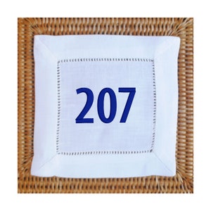 Set of 4 Custom Area Code Linen Cocktail Napkins | Embroidered Hemstitched Napkins | 2 Napkin Colors | Personalized Napkins