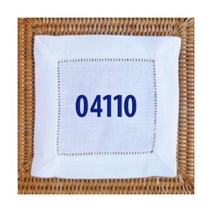 Set of 4 Custom Zip Code Linen Cocktail Napkins | Embroidered Hemstitched Napkins | 2 Napkin Colors | Personalized Napkins