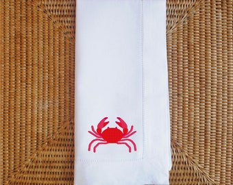 Set Of 4 Red Crabby Dinner Napkin Set | Hand Embroidered Hemstitched Linen | Available In 2 Napkin Colors