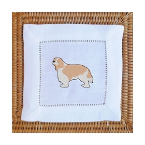 Set of 4 Cavalier King Charles Spaniel Cocktail Napkins | Dog Embroidered Linen Napkins | Available in 2 Napkin Colors, 3 Dog Colors