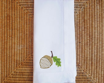 Set Of 4 Chic Acorn Dinner Napkin Set | Hand Embroidered Hemstitched Linen | Available In 2 Napkin Colors
