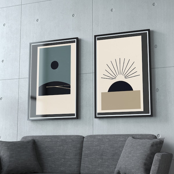 Day and Night Digital Art Set - Handmade Home Decor with Sun and Moon Illustrations