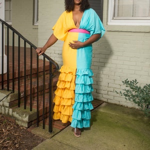 Color Block Dress, Summer Dress, Vintage 70s, 80s V Neck Dress
