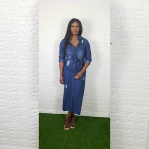 Vintage, Button up Denim Dress, Cotton Dress,Midi Dress, Ladies Denim Dress, Long Denim Dress