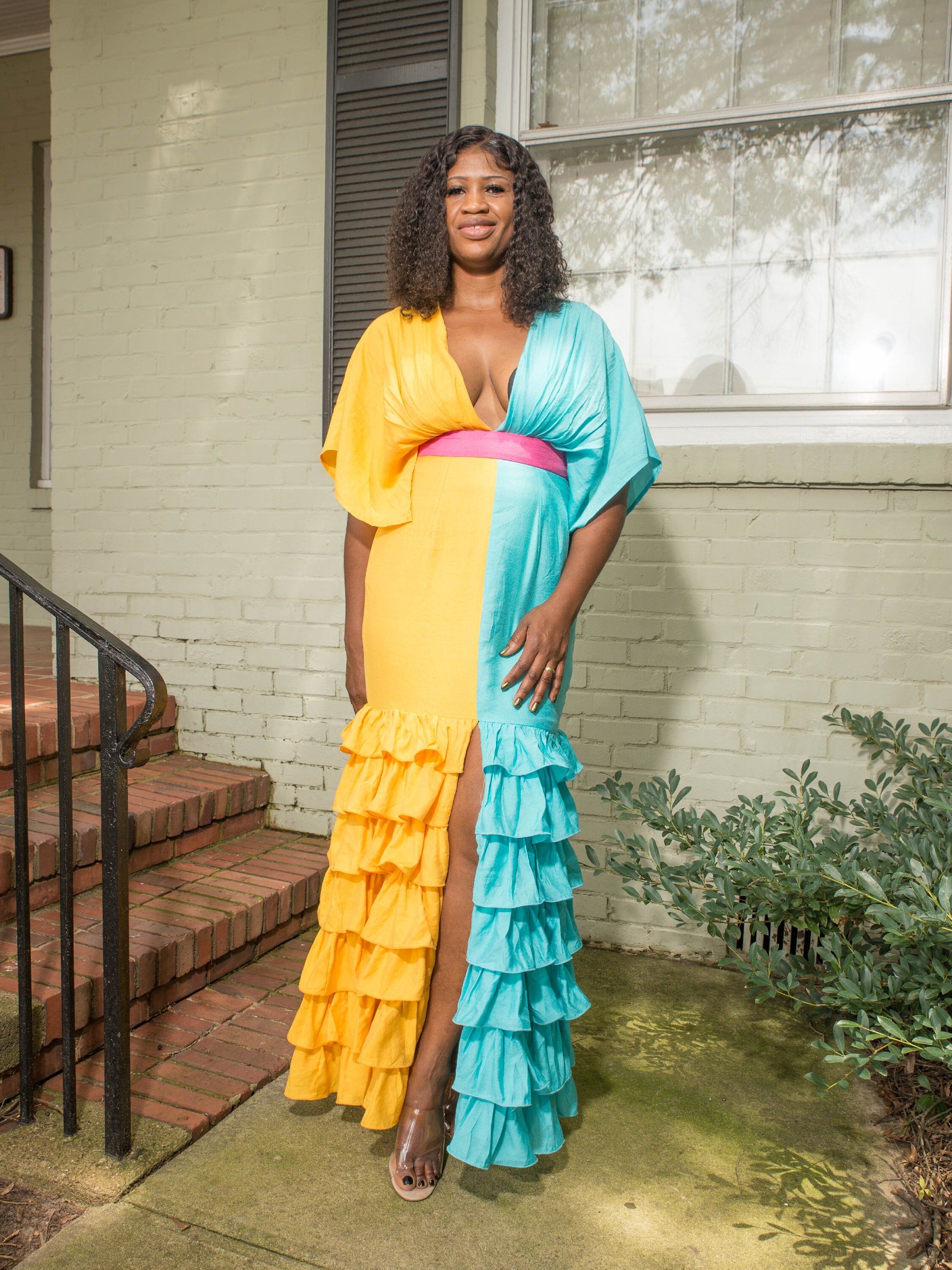 color block dress Color Block Pebbled Barathea Gown With Petal Draped Skirt