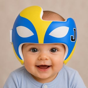 Superhero Baby Helmet Wrap, Blue Yellow Mask Cranial Helmet Decal, Hero Style DOC Band Sticker, Custom Baby Helmet Cover