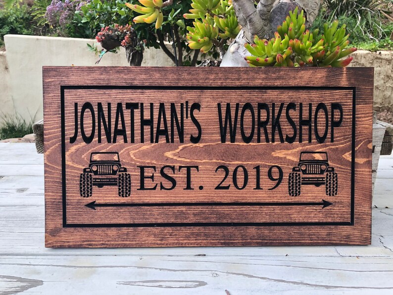 Wood Shop, Garage Sign Rustic Vintage Style Sign Jeep