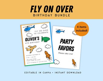 Fly On Over Birthday Party Bundle, Airplane Birthday Invitation and Signs, Printable Pilot Party Decorations