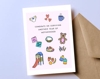 Funny Mom Birthday Card, Motherhood Card, Mom Life Card, Congrats on Surviving Motherhood, Mom Friend Gift, Mother's Day Card