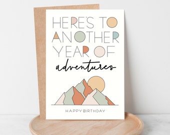 Mountain Birthday Card, Hiking Birthday Card, Here's to Another Year of Adventures, Gift for Outdoor Lover