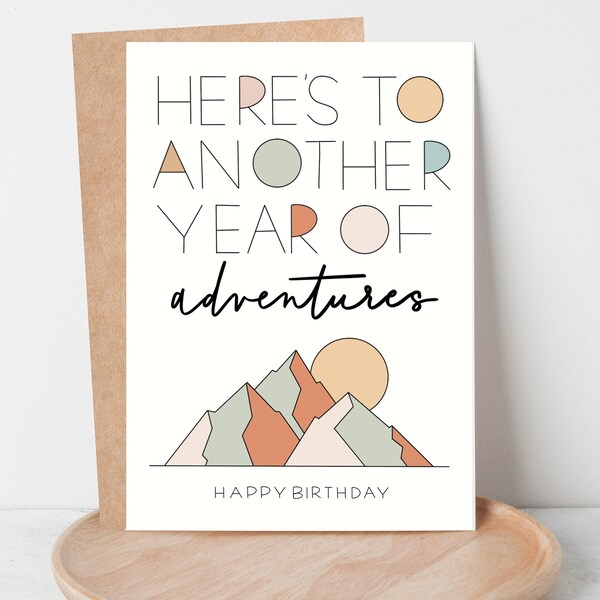 Mountain Birthday Card, Hiking Birthday Card, Here's to Another Year of Adventures, Gift for Outdoor Lover